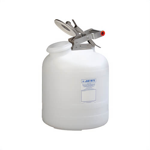Justrite® 12765 Self-Closing Wide Mouth Safety Container with Stainless Steel Hardware, 5 gal Capacity, 12 in dia, 20 in H, Polyethylene, White
