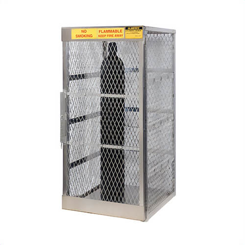 Justrite® 23006 Vertical Compressed Gas Cylinder Locker, Up to 10 Cylinders, 65 in H x 30 in W x 32 in D, Aluminum Roof