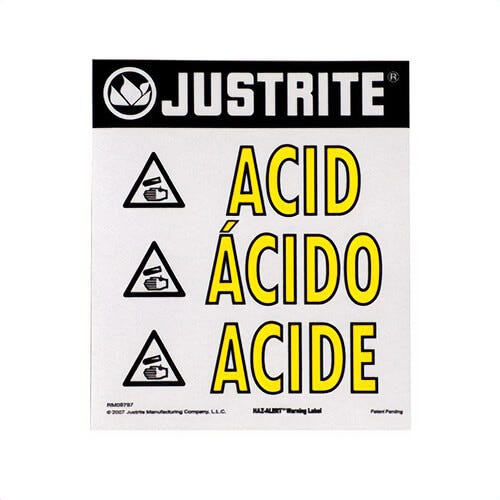 Justrite® 29006 Haz-Alert™ Acid Large Warning Label, For Use with Safety Cabinets, 10 in W x 11 in H