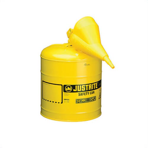 Justrite® 7150210 Type I Safety Can with Swinging Handle, 5 gal, 11-3/4 in dia, 16-7/8 in Height, Steel, Powder Coated, Yellow