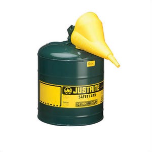 Justrite® 7150410 Type I Safety Can with Swinging Handle, Green, 5 gal, Stainless Steel Flame Arrester, Polypropylene Funnel