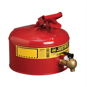 Justrite® 7225140 Type I Shelf Safety Can with 08540 Brass Bottom Self-Close Faucet, 2.5 gal Capacity, 11-3/4 in dia x 11-1/2 in H, Steel, Red