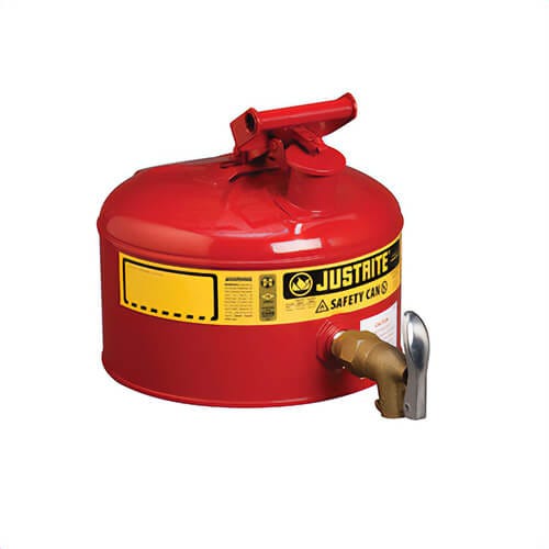 Justrite® 7225150 Type I Shelf Safety Can with 08902 Brass Bottom Self-Close Faucet, 2.5 gal Capacity, 11-3/4 in dia x 11-1/2 in H, Steel, Red