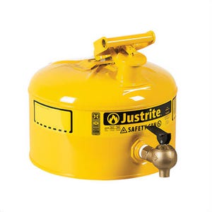 Justrite® 7225240 Type I Tilt Safety Can with 08540 3/4 in Brass Faucet Laboratory Can, 2.5 gal Capacity, 11-3/4 in dia x 11-1/2 in H, Steel, Yellow
