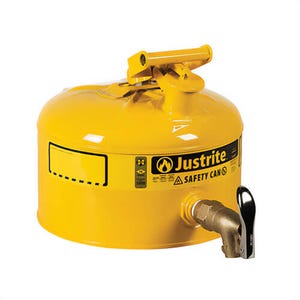 Justrite® 7225250 Type I Tilt Safety Can with 08902 Brass Safety Drum Faucet, 2.5 gal Capacity, 11-3/4 in dia x 11-1/2 in H, Steel, Yellow