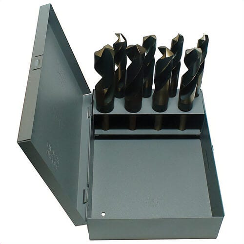 KFD® KFD1008-SET 2-Flute Reduced Shank Drill Set, 9/16 in Min Drill Bit, 1 in Max Drill Bit, 118°  Drill Point Angle, 8 pc, HSS, Black/Gold