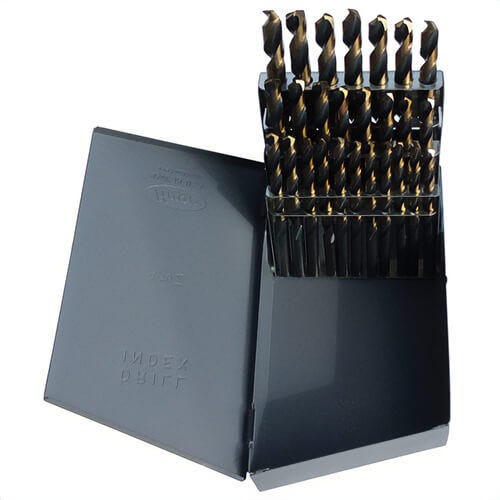 KFD® KFD26J-SET 2-Flute Heavy Duty Jobber Length Drill Set, A Min Drill Bit, Z Max Drill Bit, 135°  Drill Point Angle, 26 pc, HSS, Black/Gold