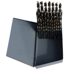 KFD® KFD26J-SET 2-Flute Heavy Duty Jobber Length Drill Set, A Min Drill Bit, Z Max Drill Bit, 135°  Drill Point Angle, 26 pc, HSS, Black/Gold