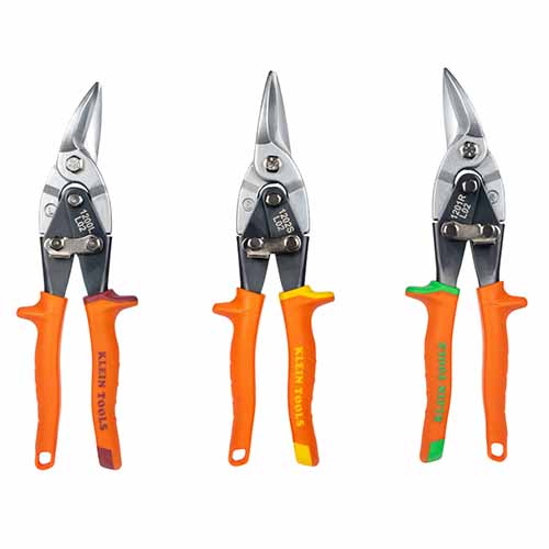 Klein® 120AVSKIT Aviation Snips, 3 pk Set, Serrated, Blunt, Forged Steel Blade, Left, Right, Straight
