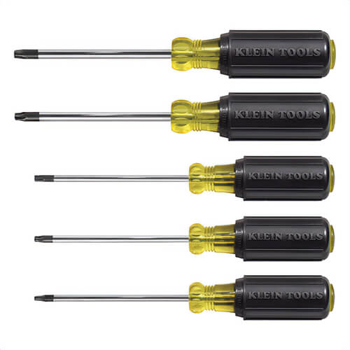 Klein® Cushion-Grip Torx® 19555 Screwdriver Imperial, 5 pc, Cushion Grip, Torx® Screwdriver Types Included, Steel, Polished Chrome, Black/Yellow, 9 in L
