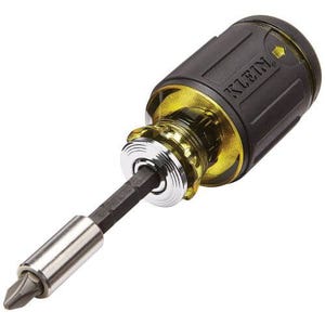 Klein® 32308 8-in-1 Adjustable Length Stubby Multi-Bit Screwdriver, 1 pcs, #1 to #3, 3/16 to 1/4 in Range, Cushion Grip Handle, Stainless Steel