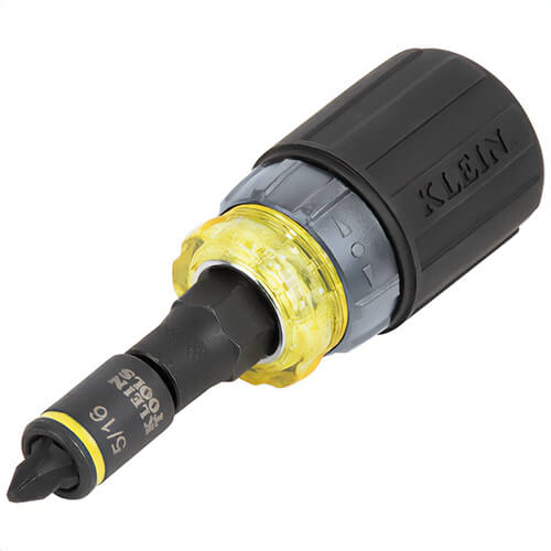Klein® 32561HDRT Knect™ 7-in-1 Ratcheting Impact-Rated Stubby Screwdriver/Nut Driver, Steel, Yellow/Black