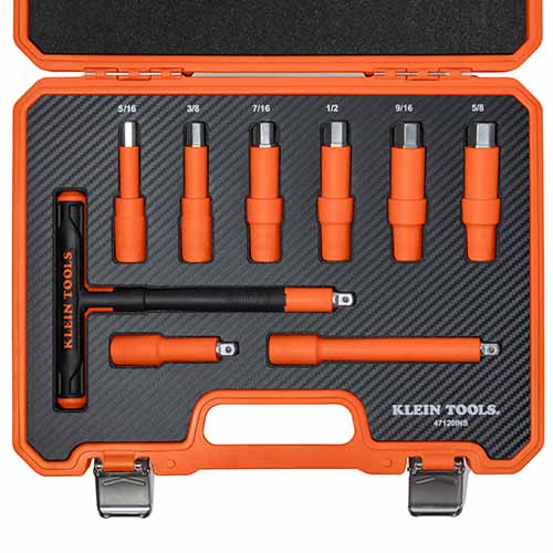 Klein® 47120INS Insulated T-Handle and Hex Bit Set, 9-Point, Steel, Overmolded Plastic, 3/8 in Drive, 9 pc