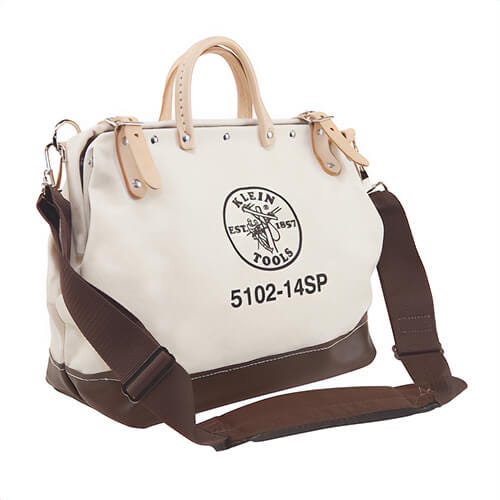 Klein® 5102-14SP Tool Bag, Deluxe, 14 in L x 6 in W x 10 in H Outside, Canvas, Natural, Brown/Tan, 10 Compartments, Riveted Handle