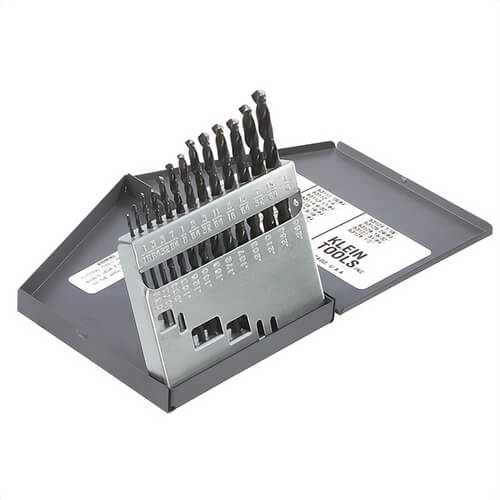 Klein® 53002 Regular point Drill Set, Standard Jobber Length, Imperial, 1/16 in Minimum Drill Bit, 1/4 in Maximum Drill Bit, 13 pc