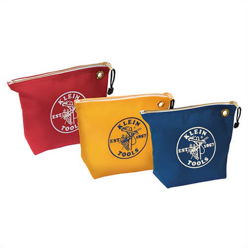 Klein® 5539CPAK Zipper Bag, Assorted, 10 in L x 3-1/2 in W x 8 in H Outside, Canvas, Blue/Red/Yellow, 1 Compartment