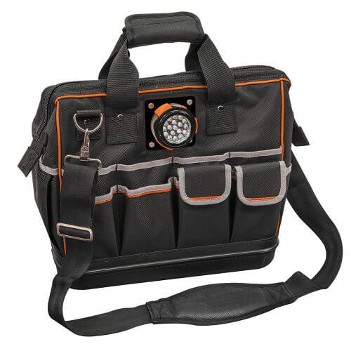 Klein® Tradesman Pro™ 55431 Zipper Closure Organizer Lighted Tool Bag, 1680D Ballistic Weave, Black/Orange