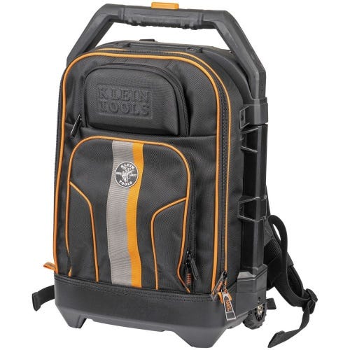 Klein® 55604 Rolling Tool Backpack, 3 in Heavy Duty Wheels, Padded Back, 28 Pockets, 3 Exterior Pockets