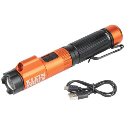 Klein® 56040 Rechargeable Focus Flashlight with Laser, LED Bulb, Aluminum Housing, 350 Lumens (High)/125 Lumens (Low) Lumens