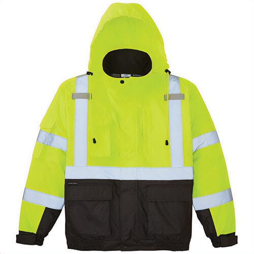 Klein® 60364 Winter Bomber Jacket with Hood and 2 in Reflective Stripes, L, Black/Hi-Viz Yellow, Polyester, 38 to 44 in Chest, Resists: Water and Wind