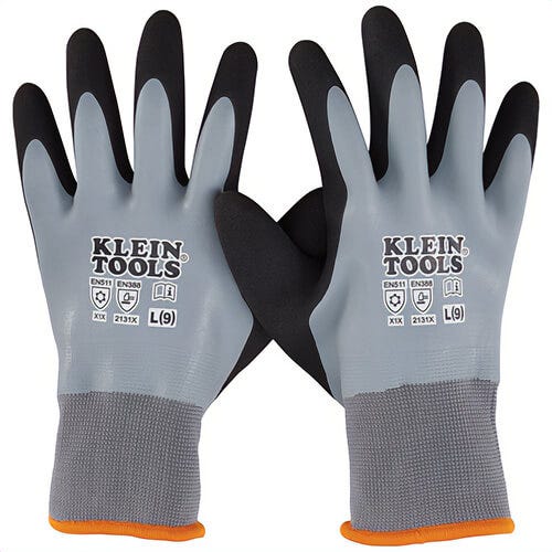 Klein® 60389 General Winter Work Gloves, Thermal/Double Dipped, Coated Style, L, Latex Palm, Acrylic/Latex/Polyester, Gray/Orange, Knit Cuff