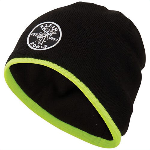 Klein® 60391 Knit Beanie with Fleece Lining, Universal, Black/Hi-Viz Yellow, Dry Acrylic/Polyester/Polyolefin