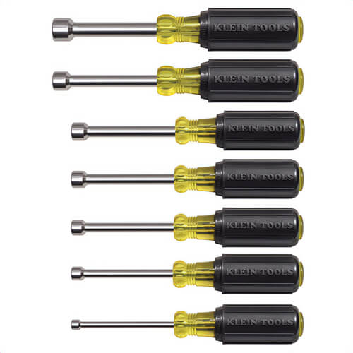 Klein® 631M Magnetic Nut Driver Set, 3/16 to 1/2 in, 7 pcs, 6-3/4 to 7-5/16 in OAL, Cushion Grip Handle, Steel