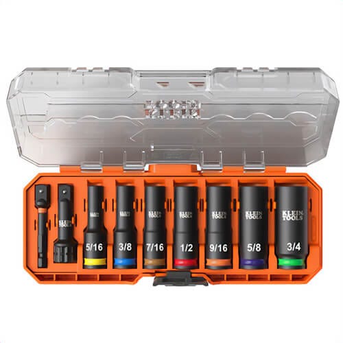 Klein® 65109IMPCT Knect™ Deep-Well 3/8 in Drive Impact Socket Set with Case, SAE, Manganese Phosphate, Cr-Mo Steel, 9 pc