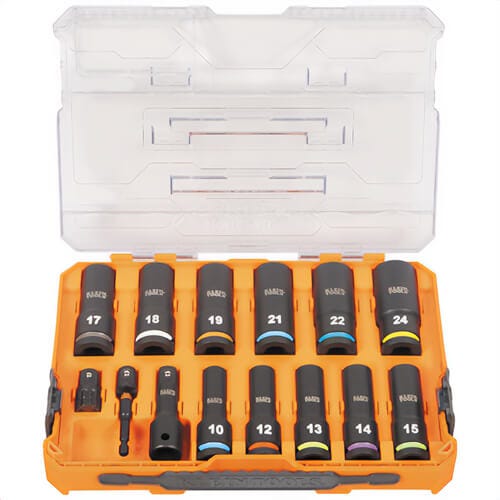 Klein® 65111IMPCTM Knect™ Drive Deep Well Impact Socket Set with Case, Chrome Moly Steel, Metric, 1/2 in, 14 pc