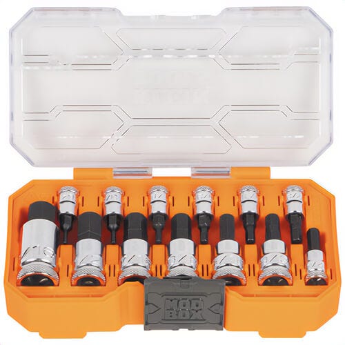 Klein® 65213HEX Knurled Hex Bit Socket Set, SAE, Chrome-Vanadium, Steel, 13 pc, Includes: (13) SAE Hex Bits, MODbox™ Case