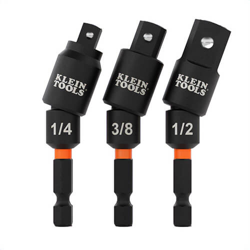 Klein® 65813SW Swivel Impact Driver Socket Adapter Set, SAE, Black Oxide, Alloy Steel, Black/Orange, 1/4 in, 3 pc