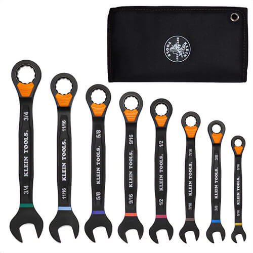 Klein® 69508 Ratcheting Combination Slide-Lock Wrench Set with Roll Pouch, Steel, 12-Points, SAE, 8 pc
