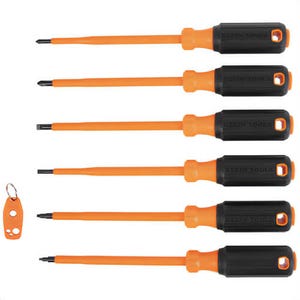 Klein® 85077INSR Insulated Screwdriver Set Plus Magnetizer, Steel, Plastic, Orange, 6 in Shank, 7 pc
