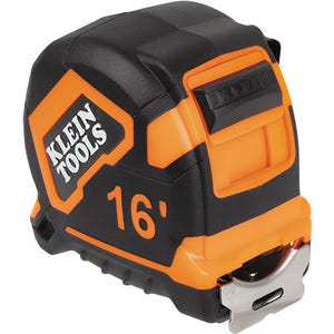 Klein® 91616 Tape Measure, Single-Hook, Non-Magentic, Plastic Case with Steel Blade, Orange/Black, 16 ft