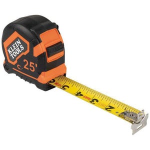 Klein® 9225 Closed Case Double Sided Lockable Magnetic Hook Measuring Tape, 25 ft L, Steel Blade, Imperial, 1/16 in Graduation