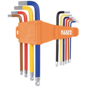 Klein® CBLS10 Powder Coated Long Ball-End Hex Key Set, SAE, 0.67 in to 1.38 in Short Arm Length, Steel, Orange, 10 pc