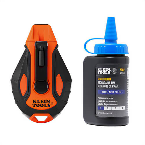 Klein® CHLK100S Smooth Retractable Chalk Reel with Blue Chalk Refill, High Impact ABS Case with Rubber Grips, 100 ft