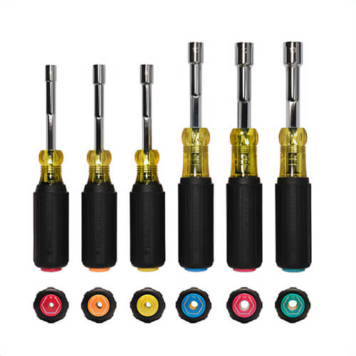 Klein® 65456MAGM Color-Coded Hollow-Shaft Heavy-Duty Nut Driver Set, Magnetic, Alloy Steel, Metric, 3.5 in Shaft, 6 pc