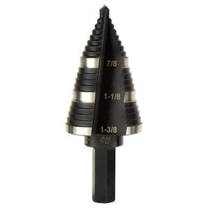Klein® KTSB15 Step Drill Bit, 7/8 in dia Min Hole, 1-3/8 in dia Max Hole, Steel, 3 Hole Sizes, 3/8 in Shank