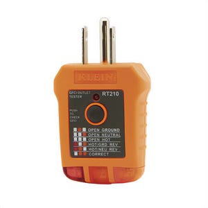 Klein® RT210 GFCI Receptacle Tester, Standard, 110/125 VAC, 50/60 Hz, 1-5/8 in L x 1-7/8 in W x 2-7/8 in H