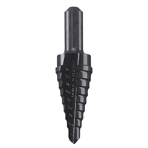 Lenox® 30883VB3 Step Drill Bit, 1/4 in dia Min Hole, 3/4 in dia Max Hole, 9 Steps, HSS, 9 Hole Sizes, 3/8 in Shank