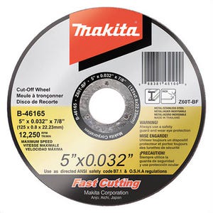 Makita® B-46165-25 Ultra-Thin Kerf Flat Cut-off Wheel, 5 in dia x 1/32 in thick, 7/8 in Center Hole, Z60T-BF Grit