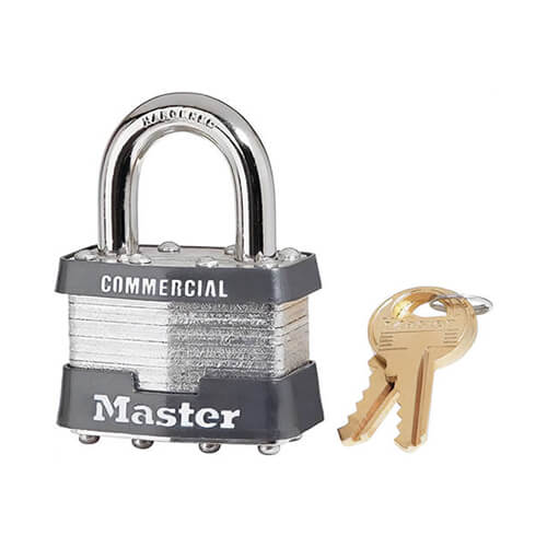 Master Lock® 1KA Safety Padlock, Commercial Grade Non-Rekeyable, Alike Key, Laminated Steel Body, 5/16 in Shackle dia