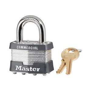 Master Lock® 1KA Safety Padlock, Commercial Grade Non-Rekeyable, Alike Key, Laminated Steel Body, 5/16 in Shackle dia