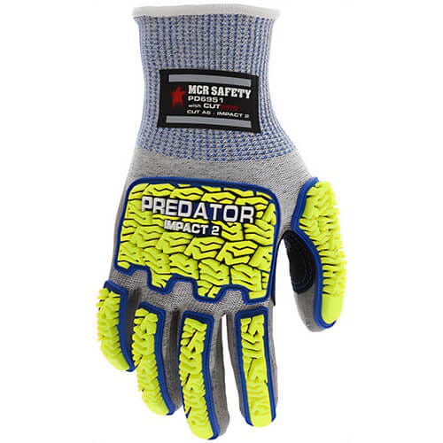 MCR Safety PD6951XXXL Predator® Mechanics Work Gloves, 3X-Large, Hi-Viz Lime/Gray TPR, Coated Palm and Fingers, ANSI Cut Level A6