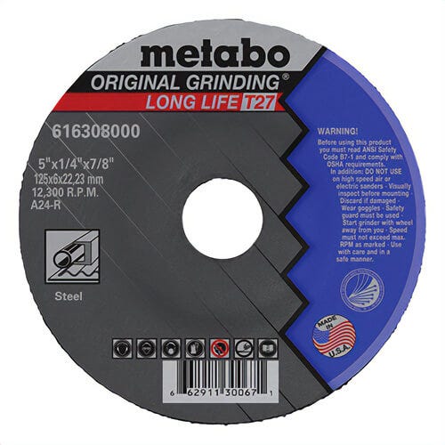Metabo® 616308000 Original Grinding® Long Life General Purpose Depressed Center Wheel, 5 in dia x 1/4 in Thick, 7/8 in Center Hole