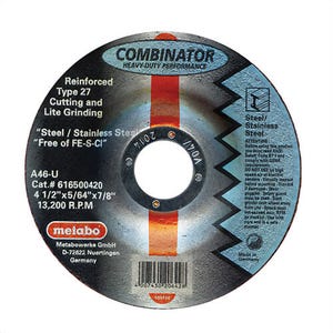 Metabo® 616500420 Combinator Contaminant-Free Depressed Center Wheel, 4-1/2 in dia x 5/64 in Thick, 7/8 in Center Hole, A46U grit