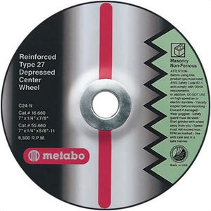 Metabo® 616754000 Plus Grinding Type 27 Aggressive Cool Cutting Depressed Center Wheel, 6 in dia x 1/4 in Thick, 7/8 in Hole