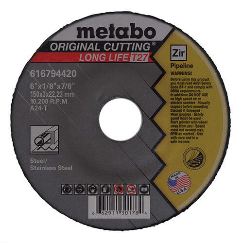 Metabo® 616794420 Plus-Z Cut & Grind Type 27 Depressed Center Wheel, 6 in dia x 1/8 in Thick, 7/8 in Center Hole, ZA24T Grit
