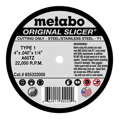 Metabo® 655322000 Original Slicer® Type 1 Straight Cut-Off Wheel, 4 in dia x 0.04 in Thick, 1/4 in Center Hole, 60 Grit